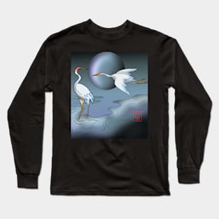 Japanese cranes in a moonlit stream Long Sleeve T-Shirt